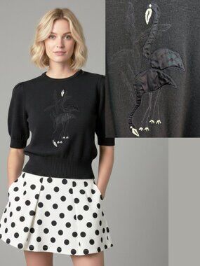 Black Knit Sweater with Flamingo Appliqué Puff Sleeve